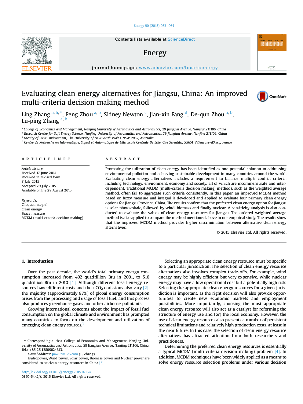 Evaluating clean energy alternatives for Jiangsu, China: An improved multi-criteria decision making method