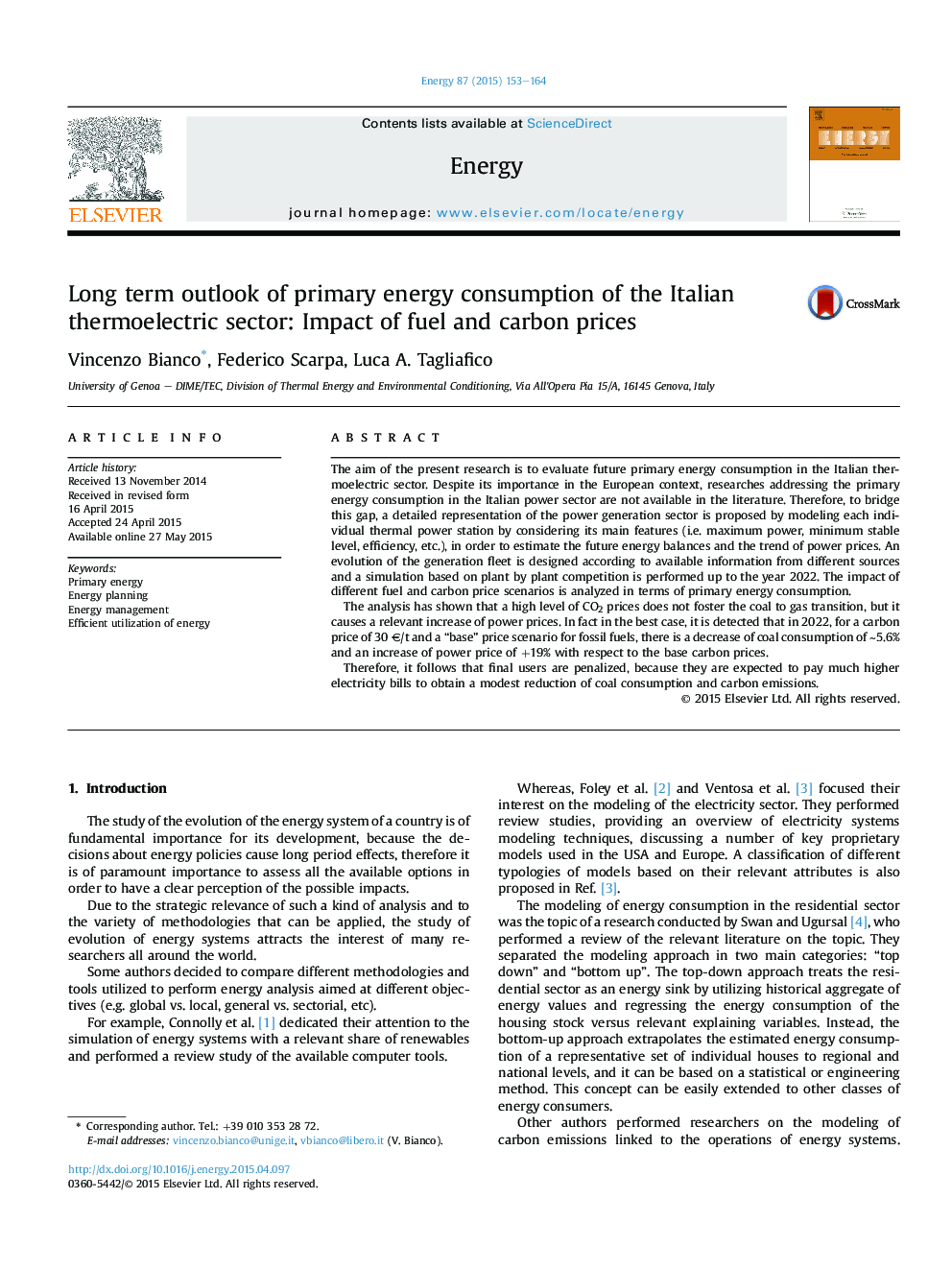 Long term outlook of primary energy consumption of the Italian thermoelectric sector: Impact of fuel and carbon prices