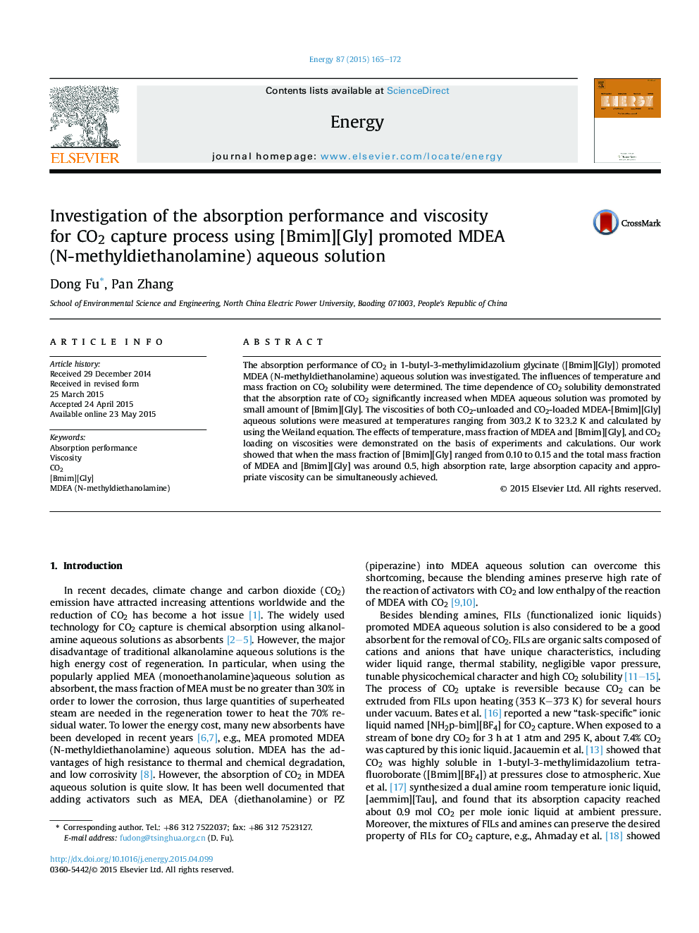 Investigation of the absorption performance and viscosity for CO2 capture process using [Bmim][Gly] promoted MDEA (N-methyldiethanolamine) aqueous solution