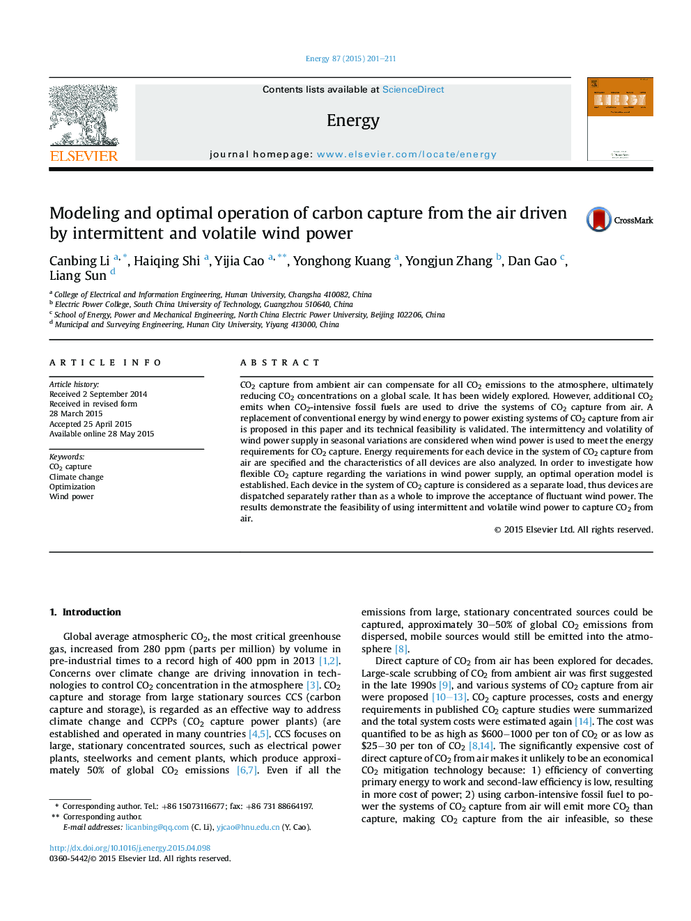 Modeling and optimal operation of carbon capture from the air driven by intermittent and volatile wind power