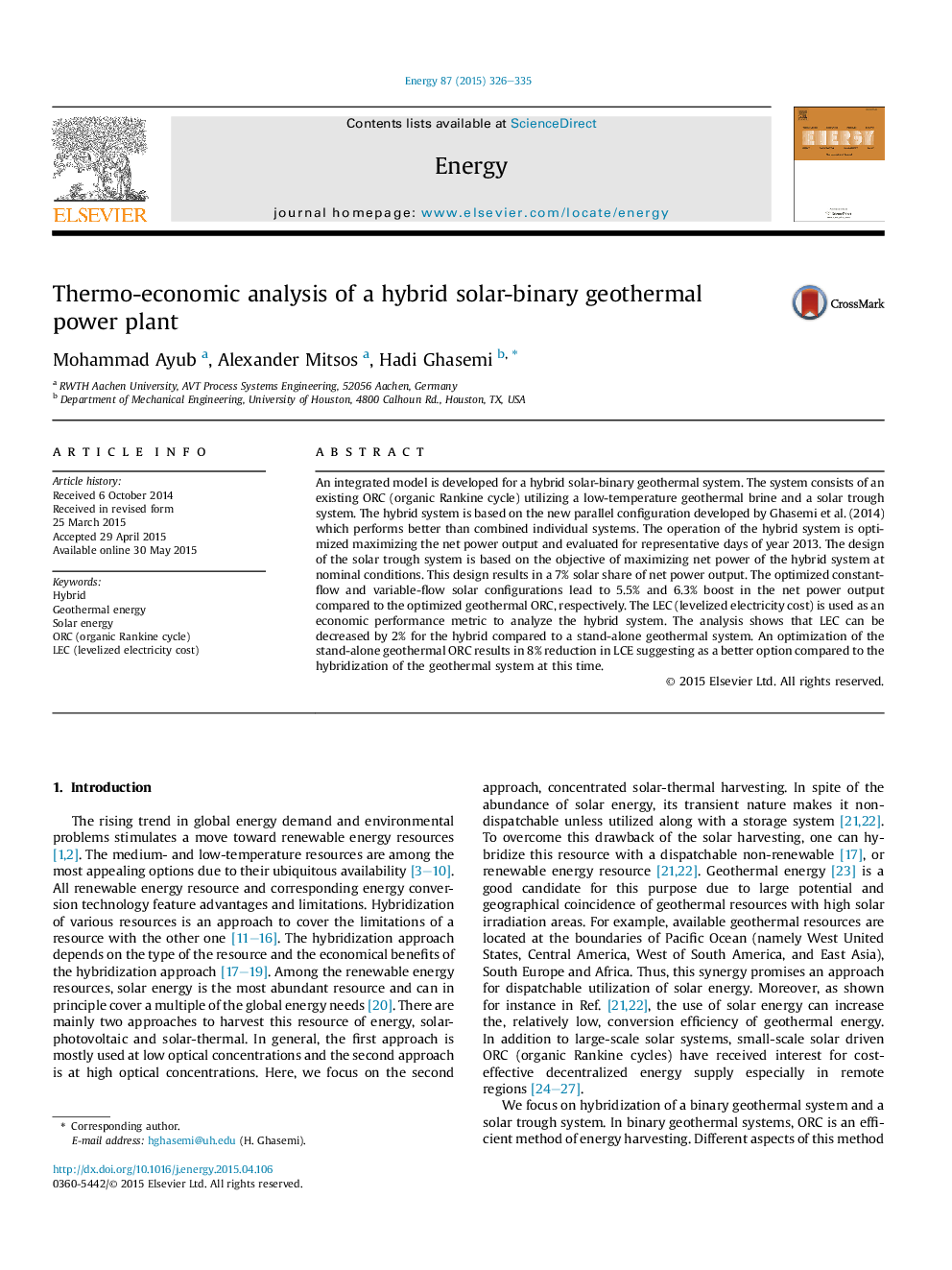 Thermo-economic analysis of a hybrid solar-binary geothermal power plant