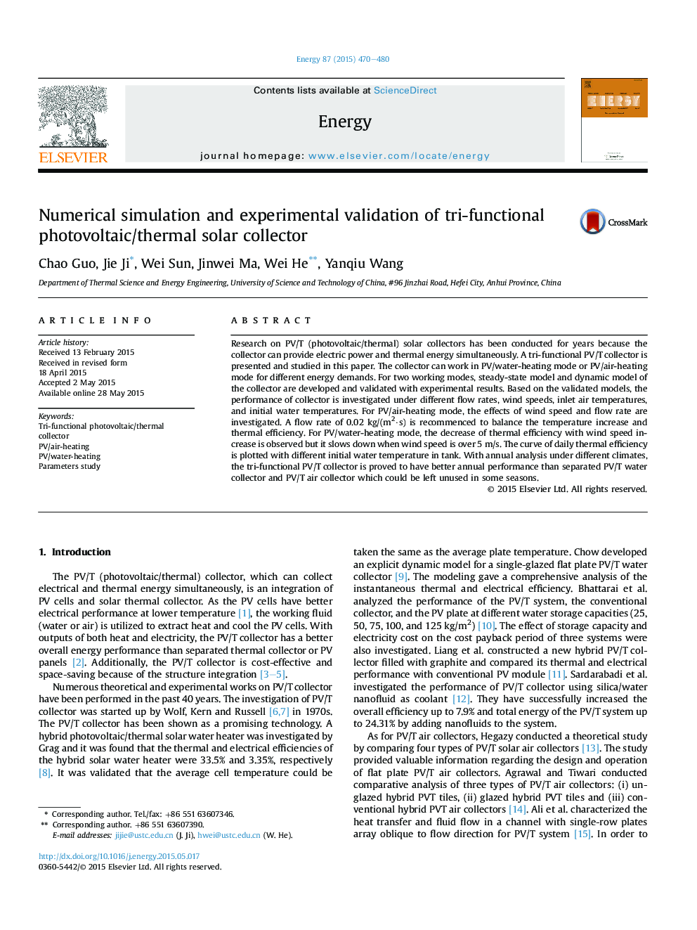 Numerical simulation and experimental validation of tri-functional photovoltaic/thermal solar collector