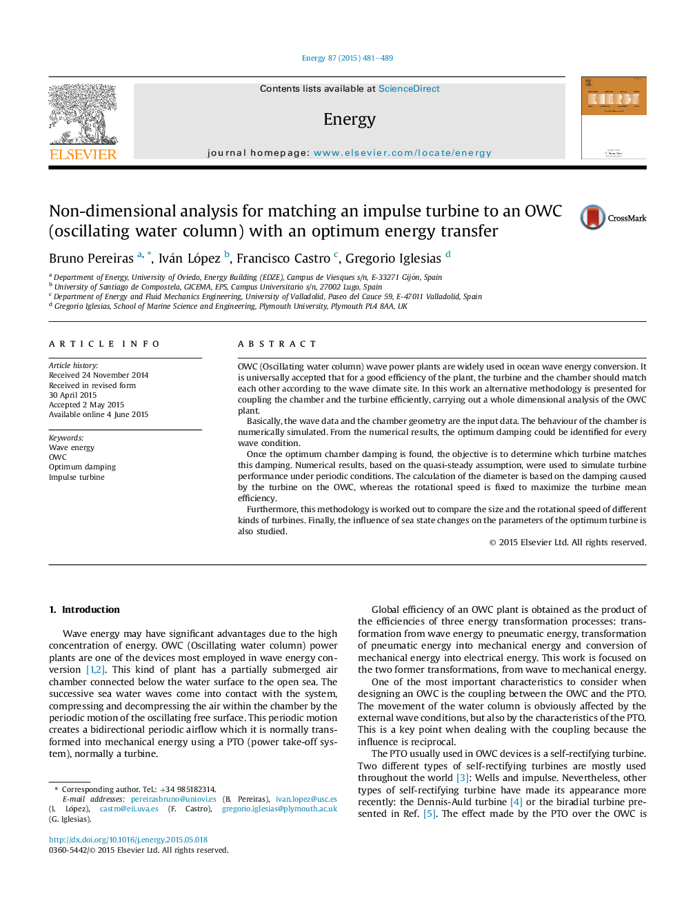 Non-dimensional analysis for matching an impulse turbine to an OWC (oscillating water column) with an optimum energy transfer