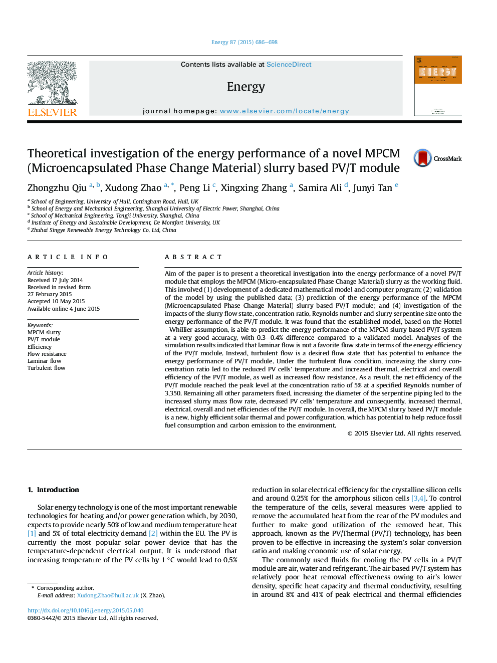 Theoretical investigation of the energy performance of a novel MPCM (Microencapsulated Phase Change Material) slurry based PV/T module