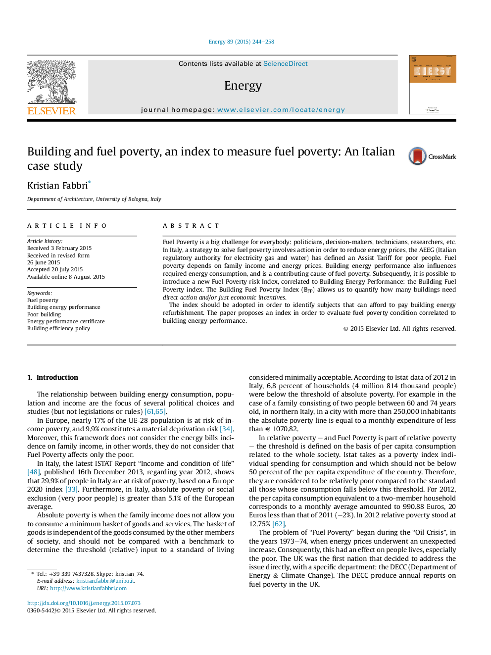 Building and fuel poverty, an index to measure fuel poverty: An Italian case study