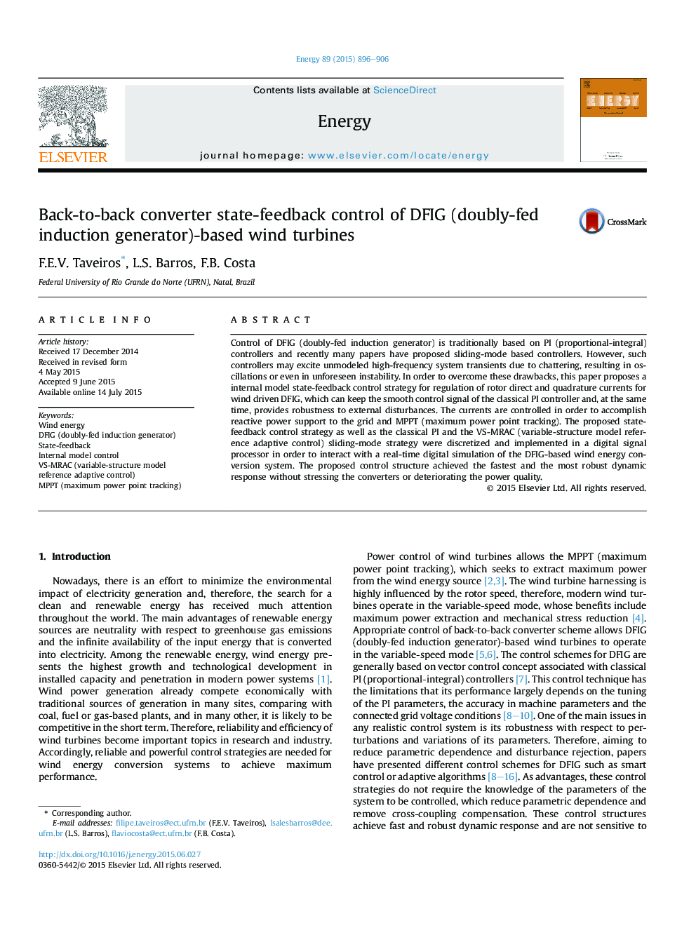 Back-to-back converter state-feedback control of DFIG (doubly-fed induction generator)-based wind turbines