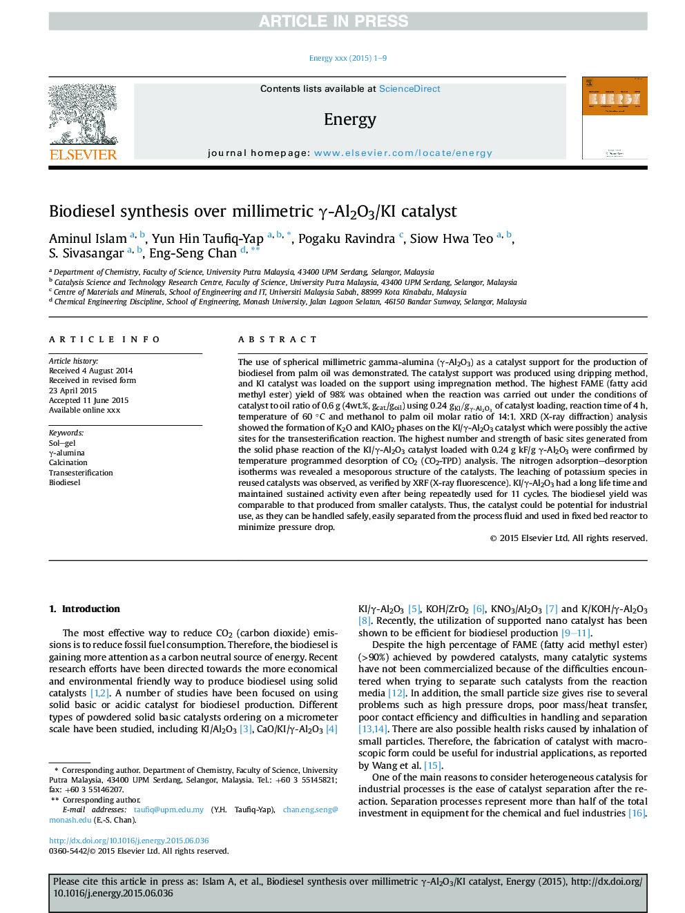 Biodiesel synthesis over millimetric Î³-Al2O3/KI catalyst