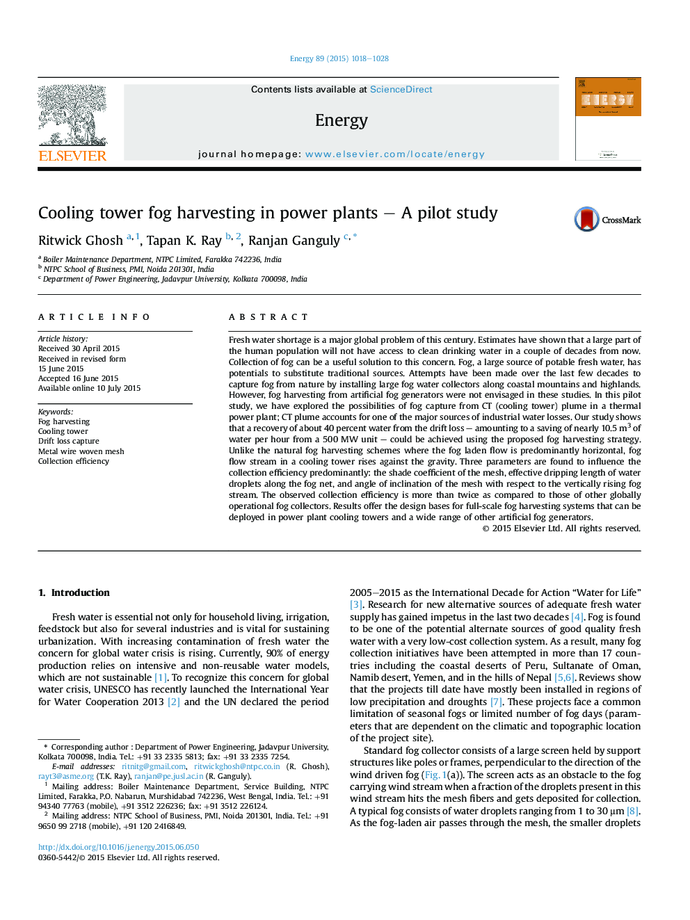 Cooling tower fog harvesting in power plants – A pilot study