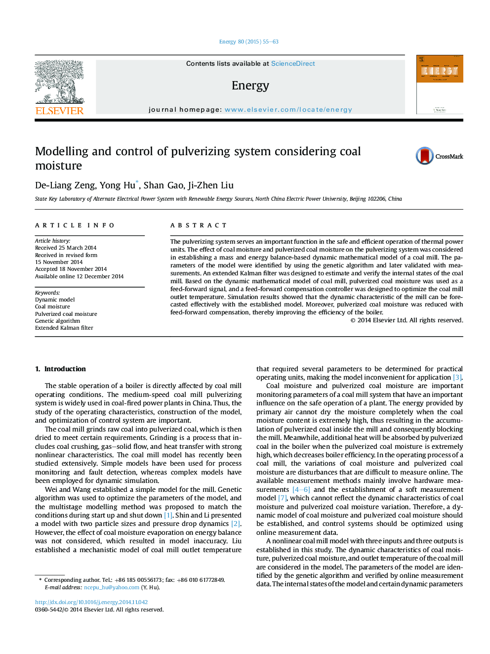 Modelling and control of pulverizing system considering coal moisture