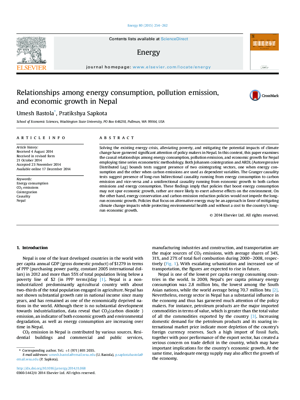 Relationships among energy consumption, pollution emission, and economic growth in Nepal