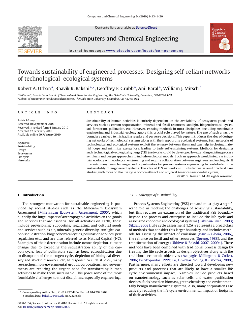 Towards sustainability of engineered processes: Designing self-reliant networks of technological–ecological systems