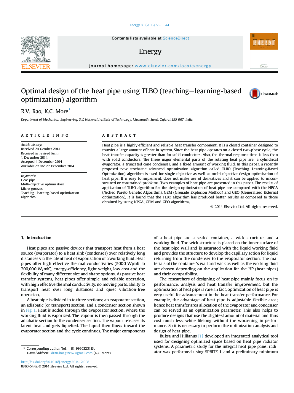 Optimal design of the heat pipe using TLBO (teaching–learning-based optimization) algorithm