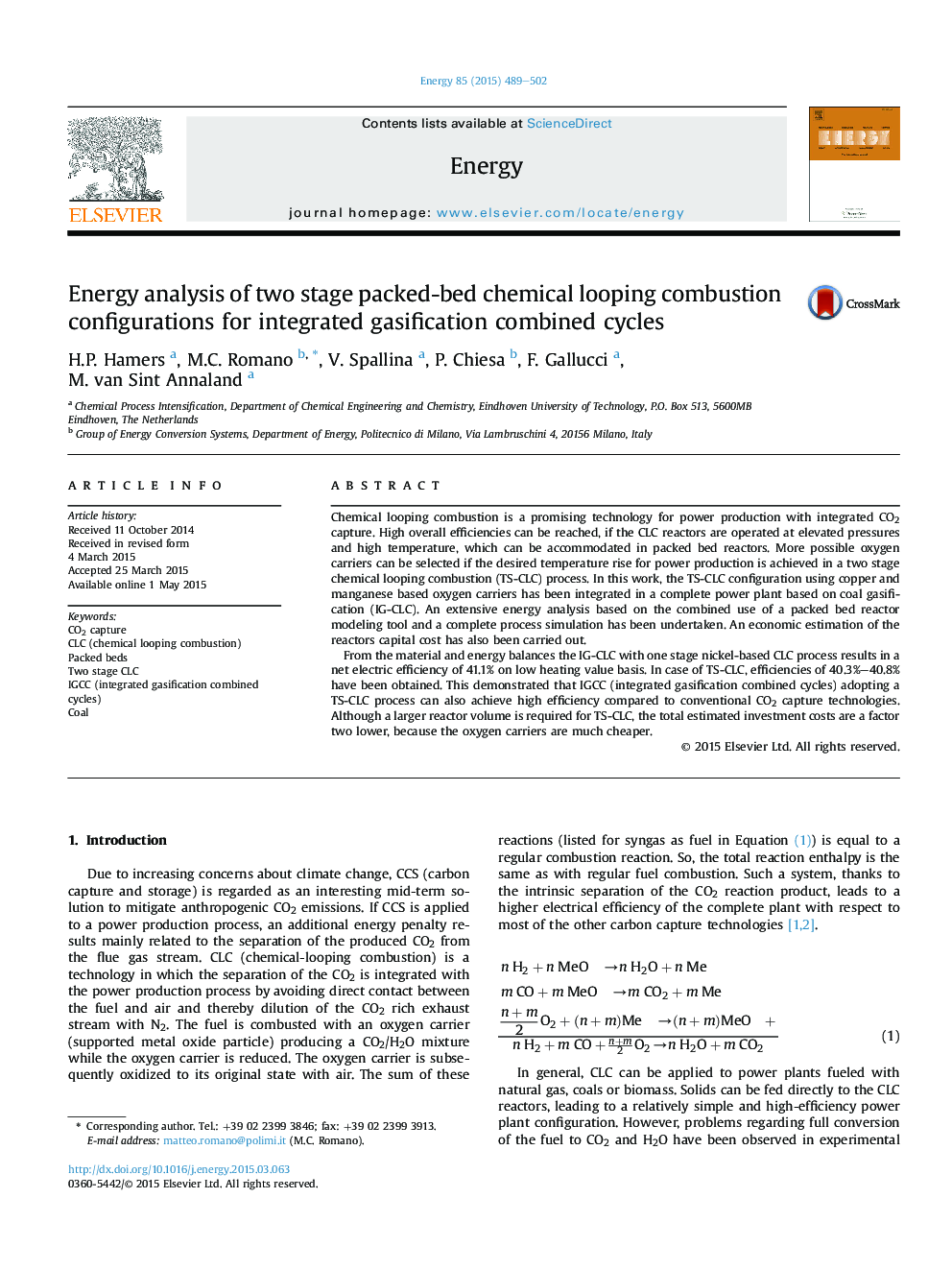 Energy analysis of two stage packed-bed chemical looping combustion configurations for integrated gasification combined cycles