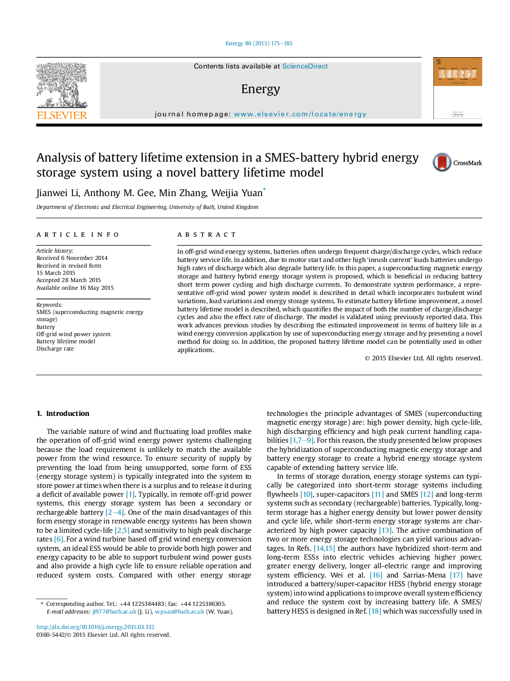 Analysis of battery lifetime extension in a SMES-battery hybrid energy storage system using a novel battery lifetime model