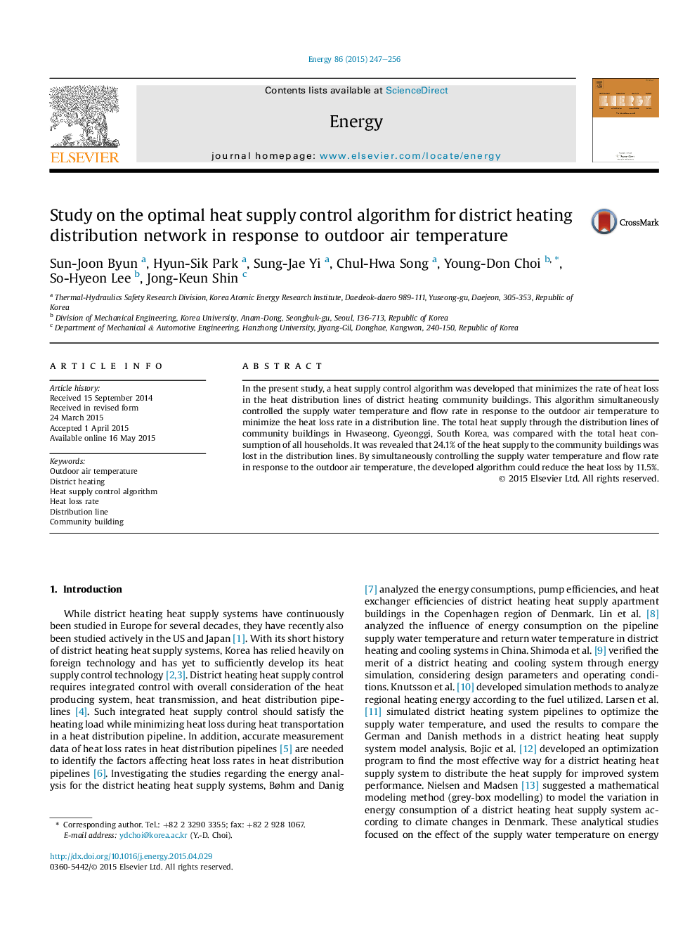 Study on the optimal heat supply control algorithm for district heating distribution network in response to outdoor air temperature