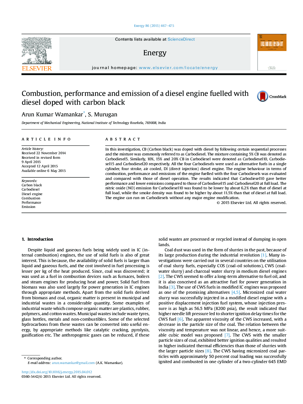 Combustion, performance and emission of a diesel engine fuelled with diesel doped with carbon black