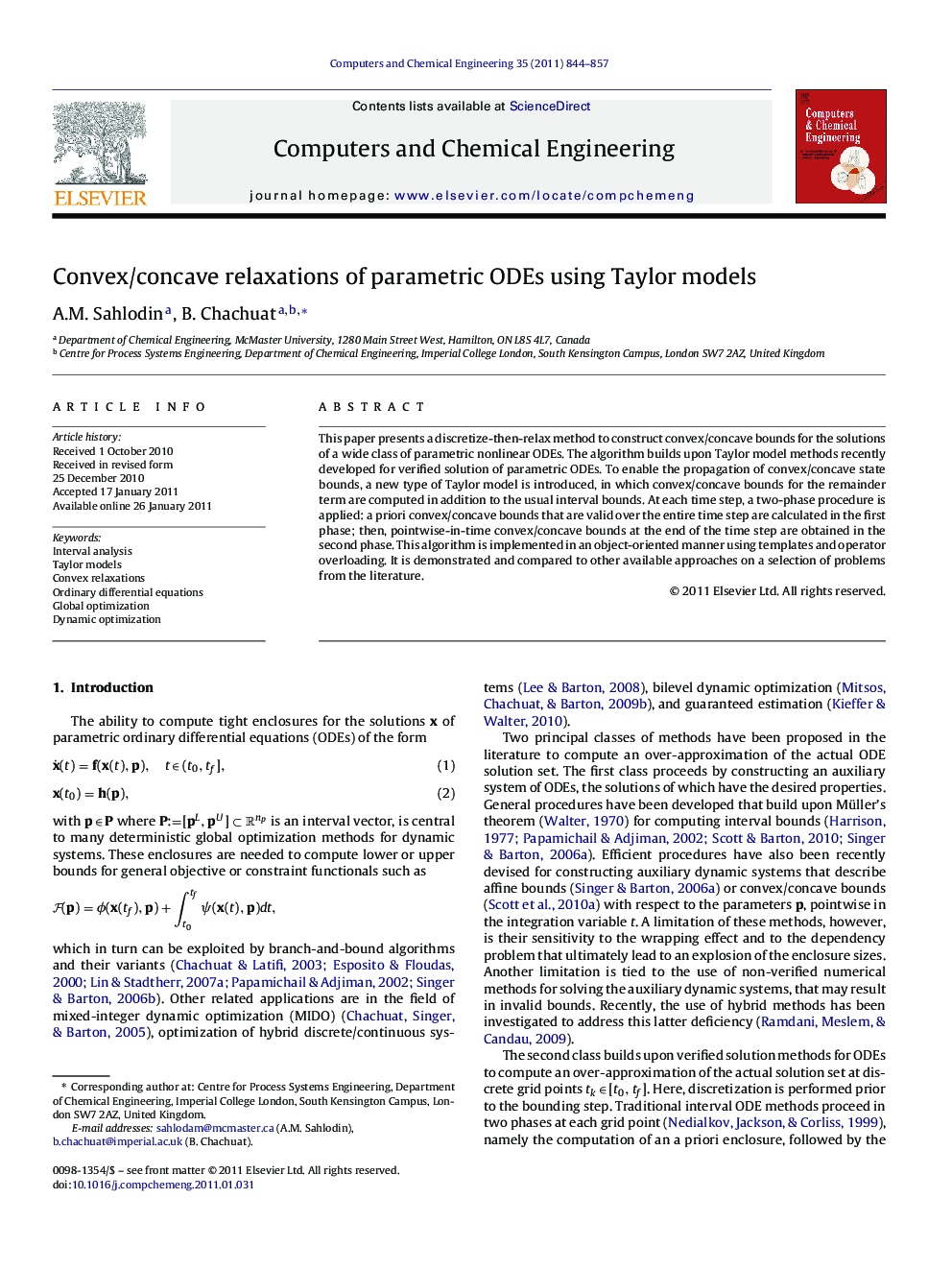 عکس صفحه اول مقاله: Convex/concave relaxations of parametric ODEs using Taylor models Convex/concave relaxations of parametric ODEs using Taylor models