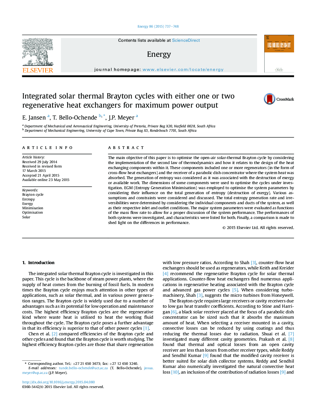 Integrated solar thermal Brayton cycles with either one or two regenerative heat exchangers for maximum power output