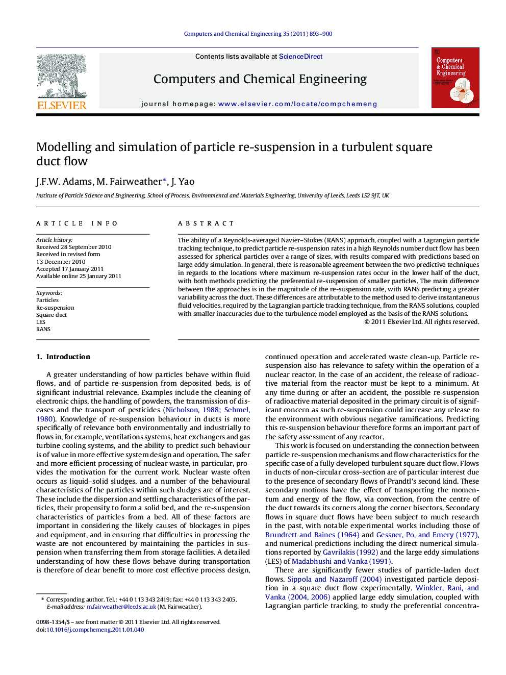 Modelling and simulation of particle re-suspension in a turbulent square duct flow