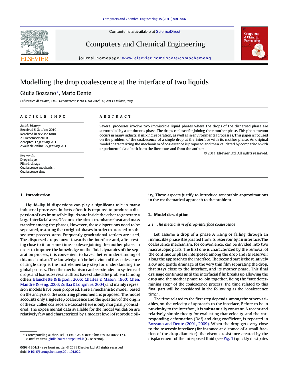 Modelling the drop coalescence at the interface of two liquids