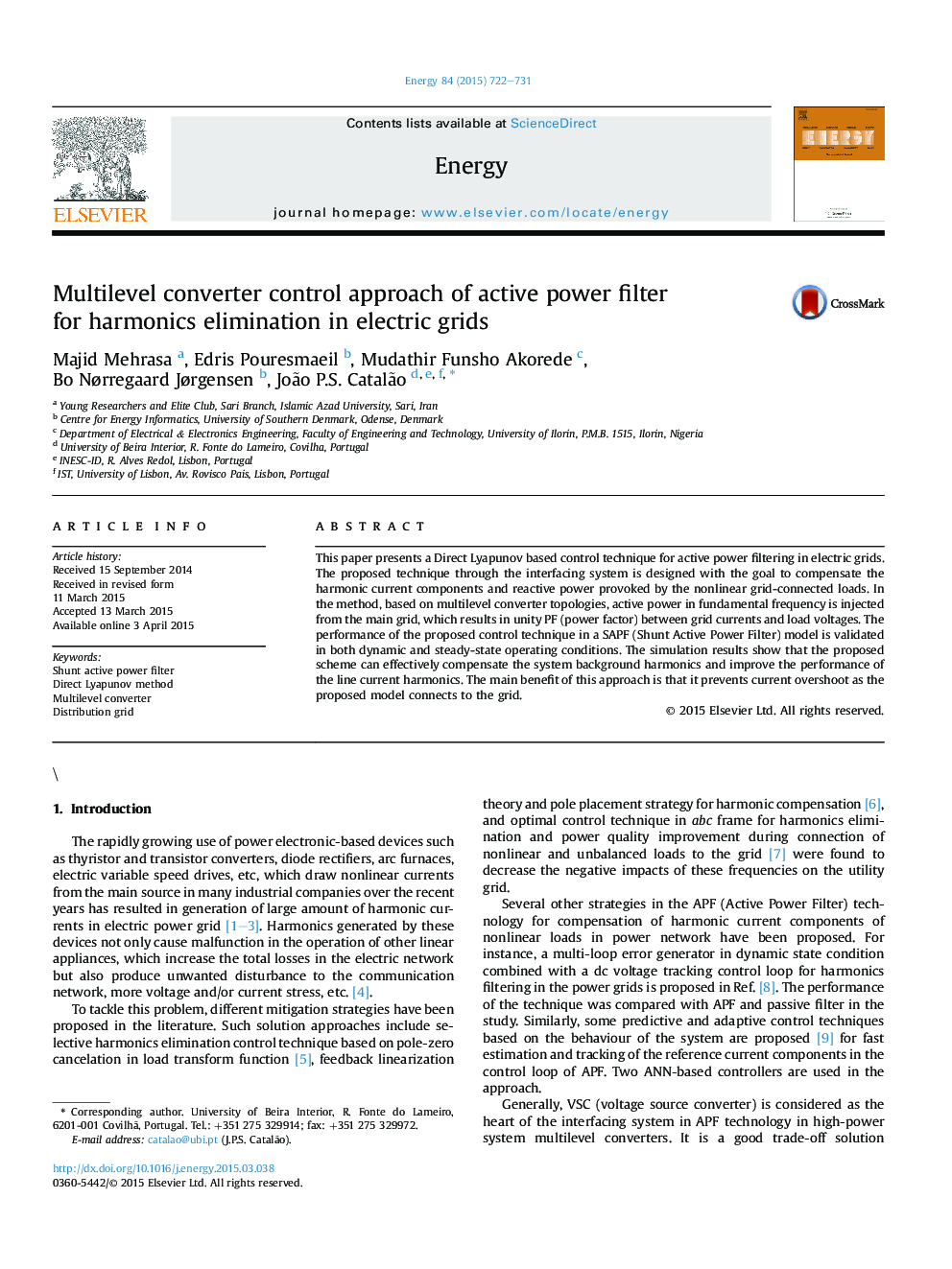عکس صفحه اول مقاله: Multilevel converter control approach of active power filter for harmonics elimination in electric grids Multilevel converter control approach of active power filter for harmonics elimination in electric grids