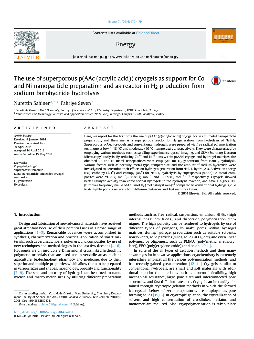 The use of superporous p(AAc (acrylic acid)) cryogels as support for Co and Ni nanoparticle preparation and as reactor in H2 production from sodium borohydride hydrolysis