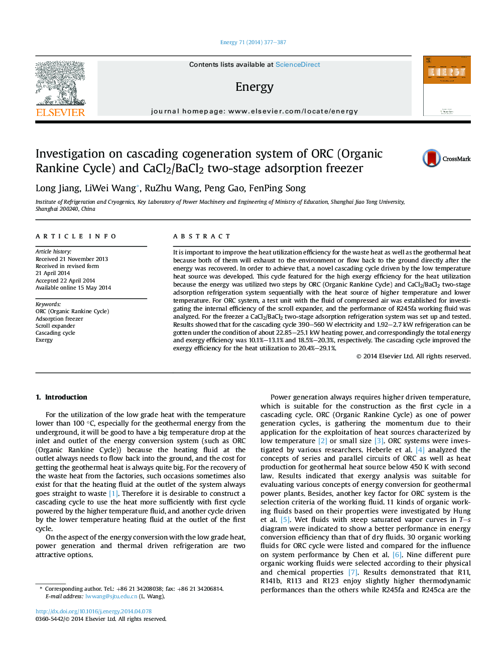 Investigation on cascading cogeneration system of ORC (Organic Rankine Cycle) and CaCl2/BaCl2 two-stage adsorption freezer