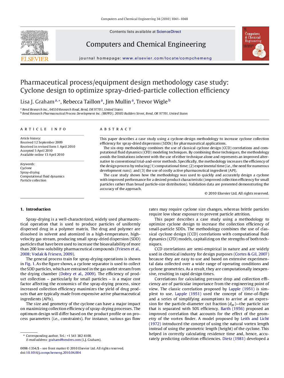 Pharmaceutical process/equipment design methodology case study: Cyclone design to optimize spray-dried-particle collection efficiency