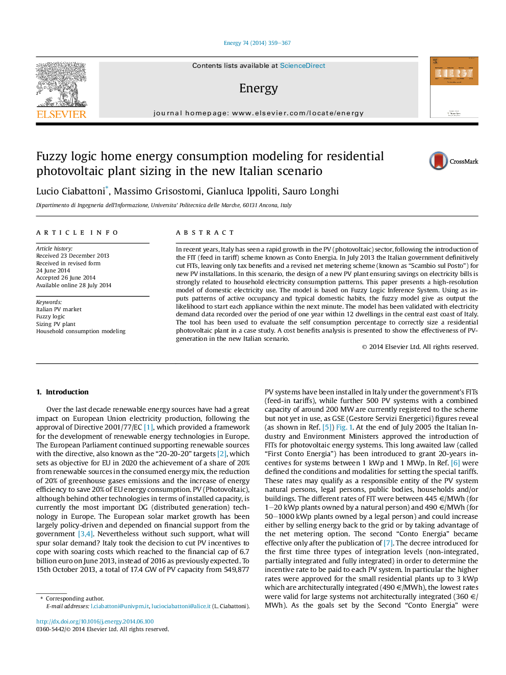 Fuzzy logic home energy consumption modeling for residential photovoltaic plant sizing in the new Italian scenario