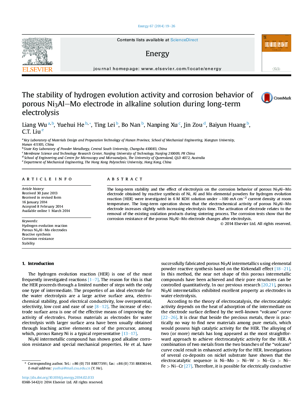 The stability of hydrogen evolution activity and corrosion behavior of porous Ni3Al–Mo electrode in alkaline solution during long-term electrolysis