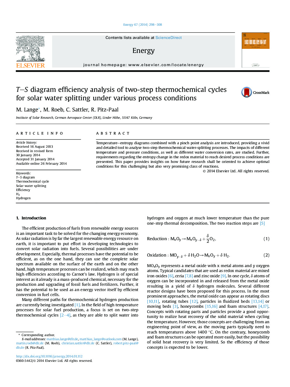 T–S diagram efficiency analysis of two-step thermochemical cycles for solar water splitting under various process conditions