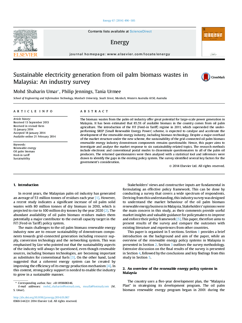 Sustainable electricity generation from oil palm biomass wastes in Malaysia: An industry survey