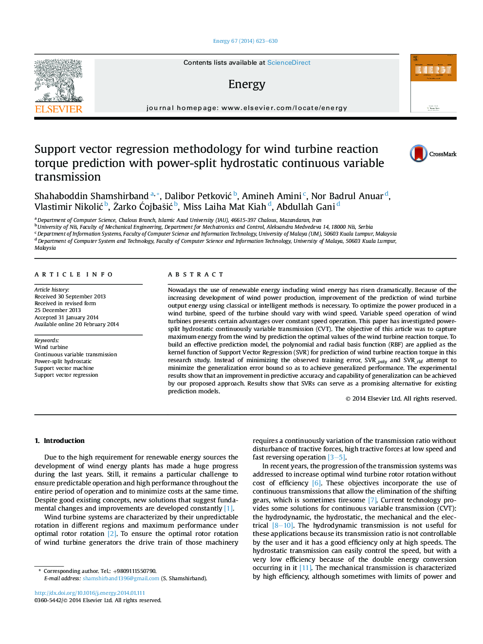 Support vector regression methodology for wind turbine reaction torque prediction with power-split hydrostatic continuous variable transmission