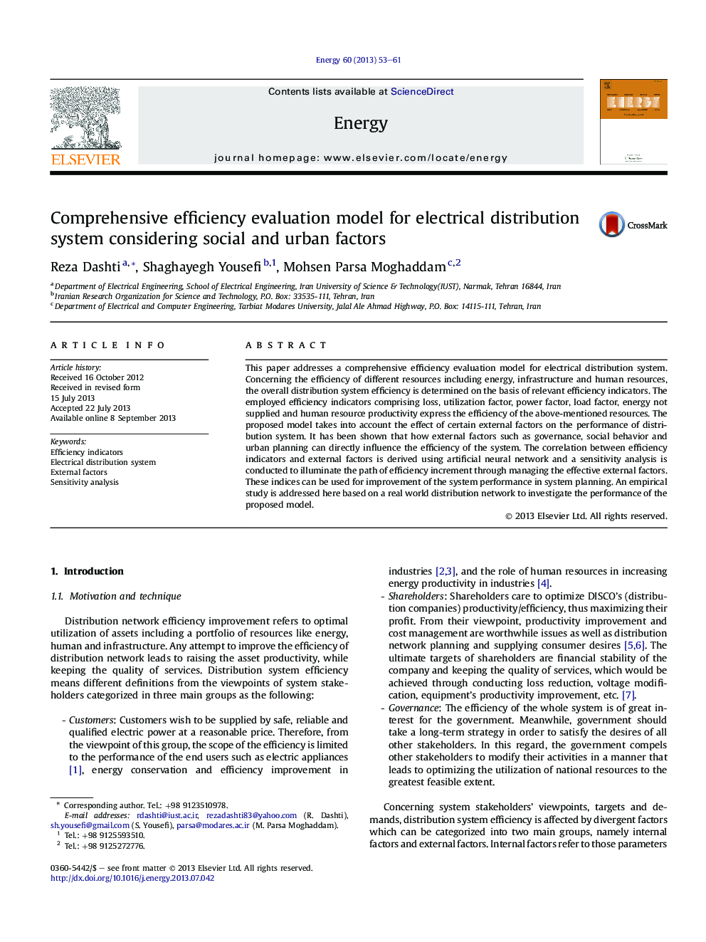 Comprehensive efficiency evaluation model for electrical distribution system considering social and urban factors