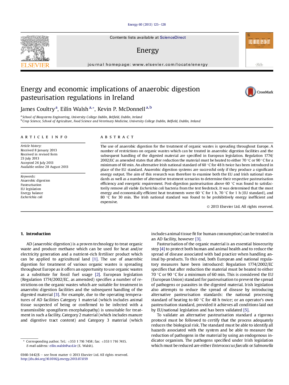 Energy and economic implications of anaerobic digestion pasteurisation regulations in Ireland