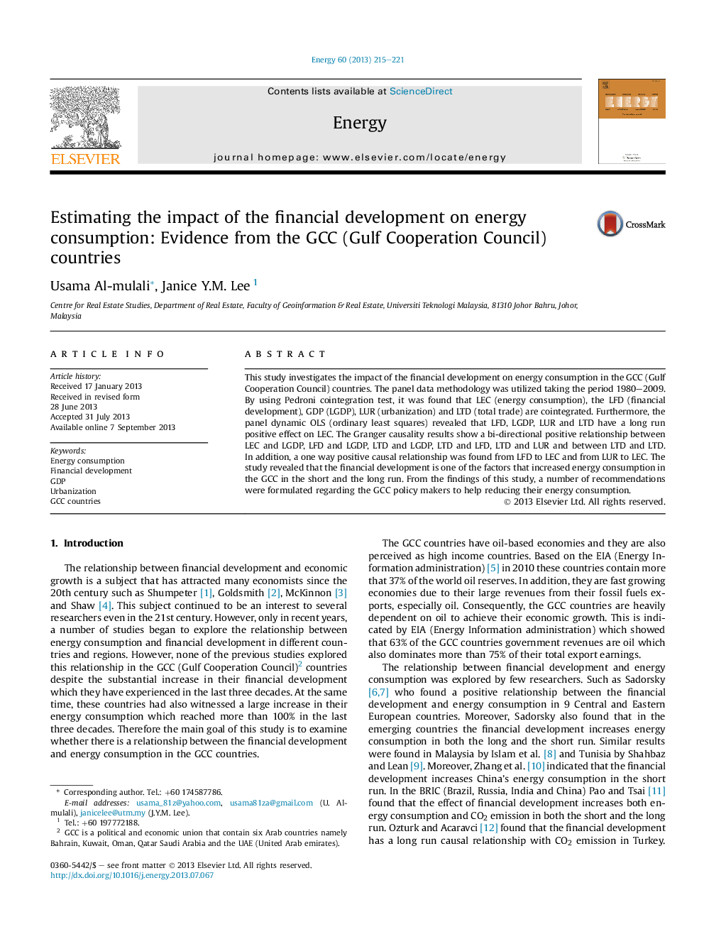 Estimating the impact of the financial development on energy consumption: Evidence from the GCC (Gulf Cooperation Council) countries