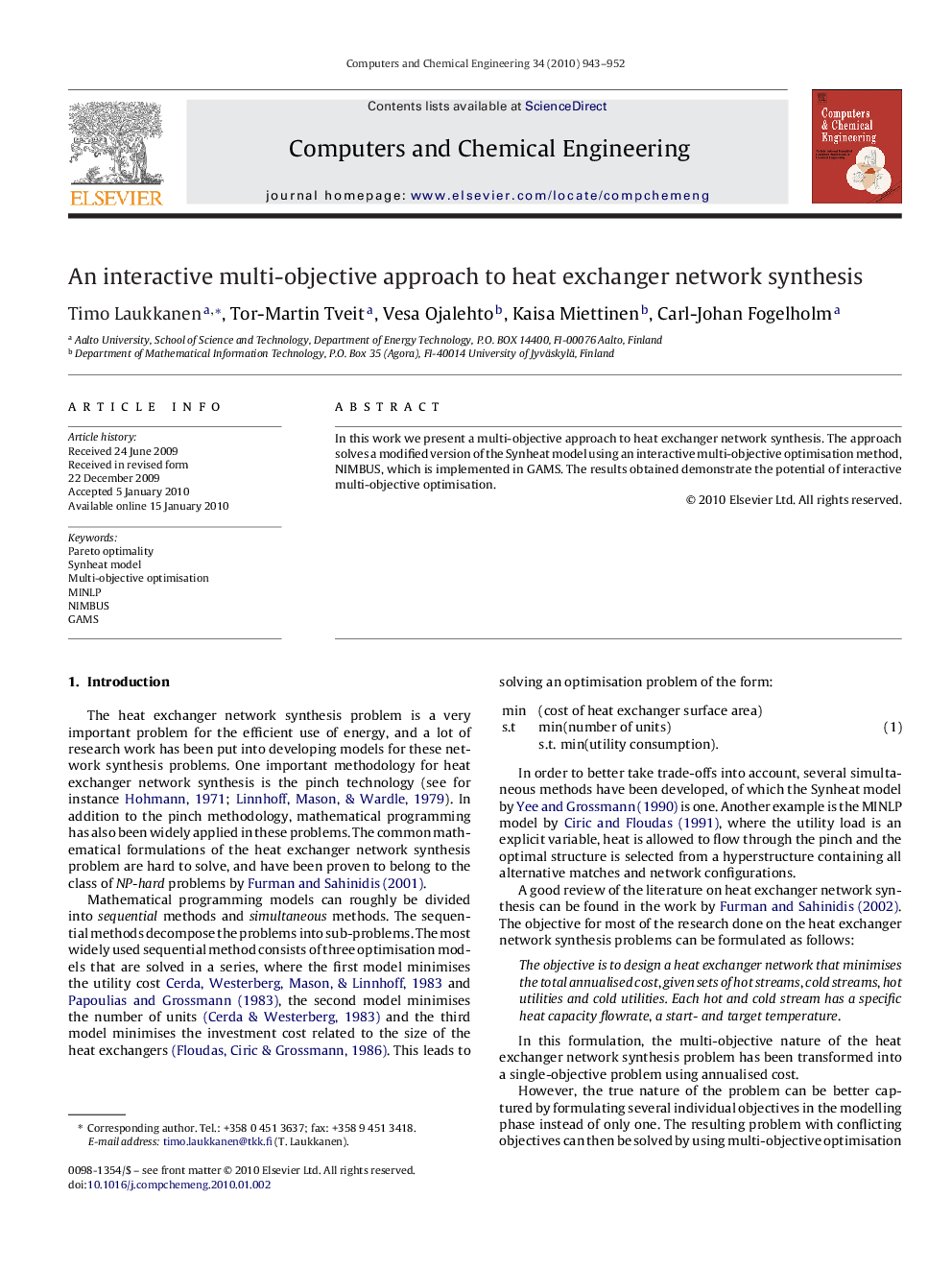 An interactive multi-objective approach to heat exchanger network synthesis