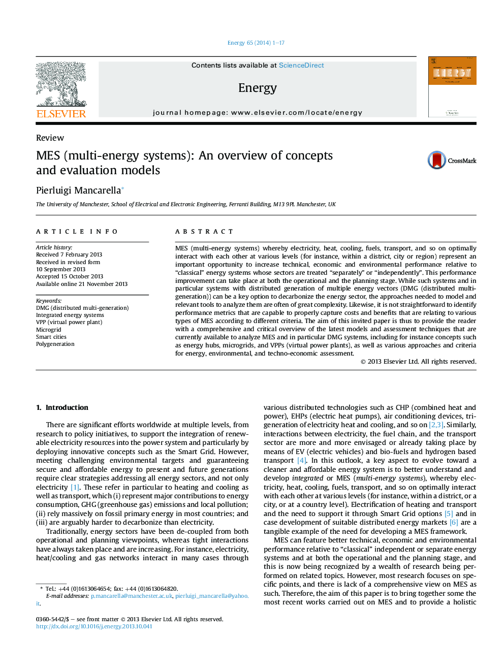 MES (multi-energy systems): An overview of concepts and evaluation models