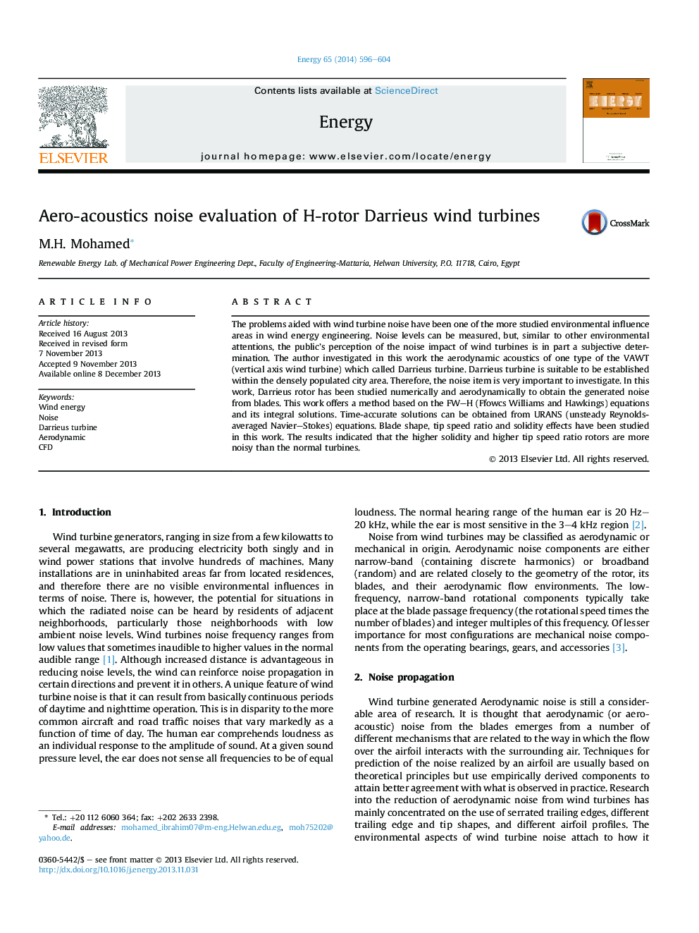 Aero-acoustics noise evaluation of H-rotor Darrieus wind turbines