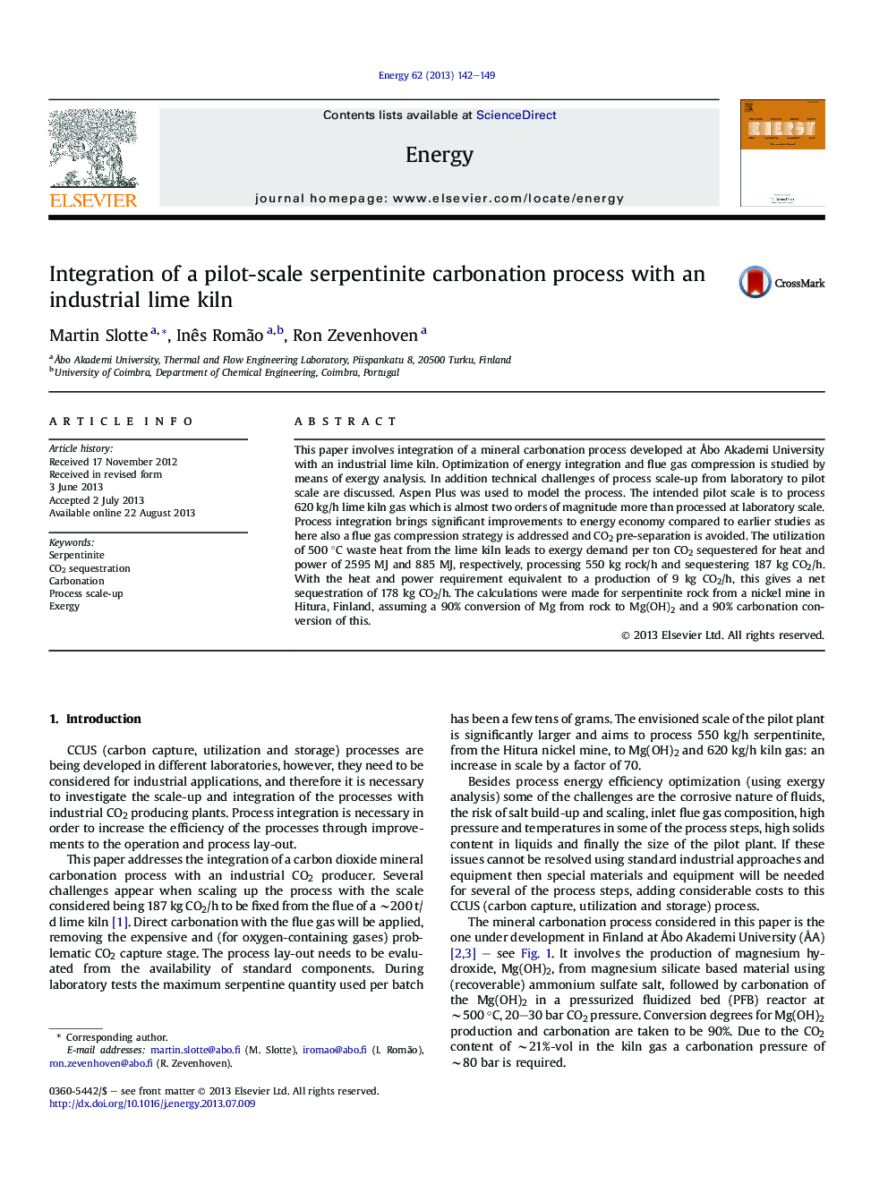 Integration of a pilot-scale serpentinite carbonation process with an industrial lime kiln