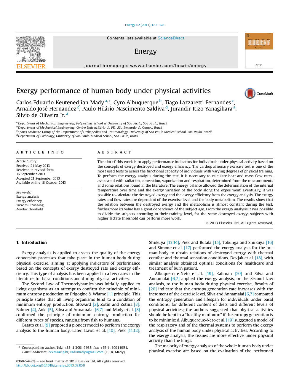 Exergy performance of human body under physical activities