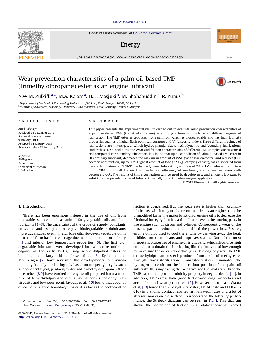 Wear prevention characteristics of a palm oil-based TMP (trimethylolpropane) ester as an engine lubricant