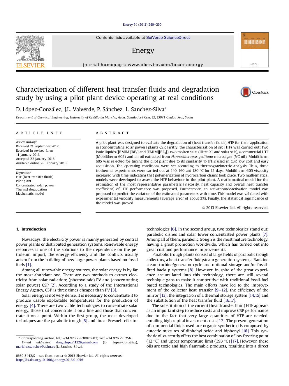 Characterization of different heat transfer fluids and degradation study by using a pilot plant device operating at real conditions