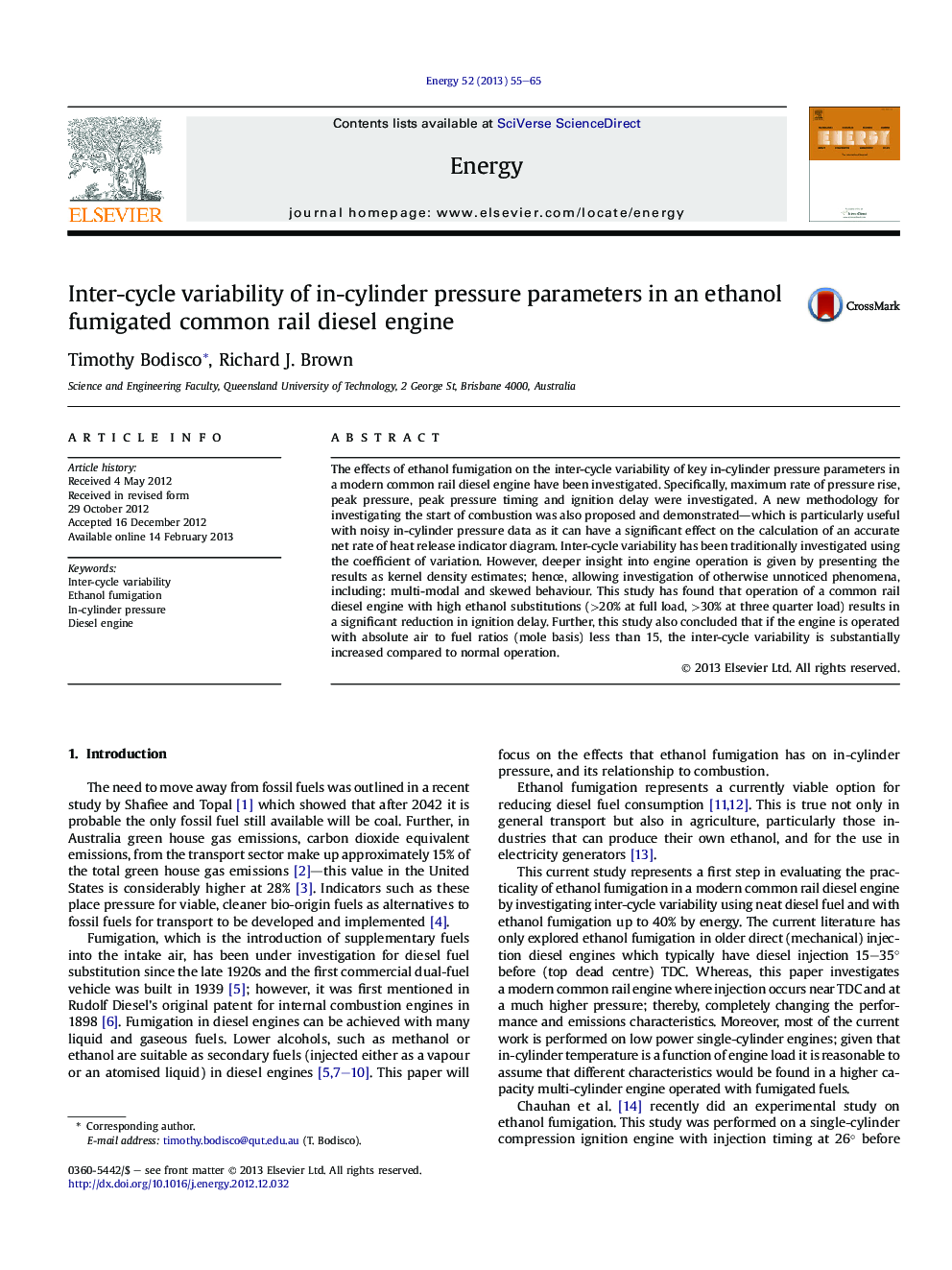 Inter-cycle variability of in-cylinder pressure parameters in an ethanol fumigated common rail diesel engine