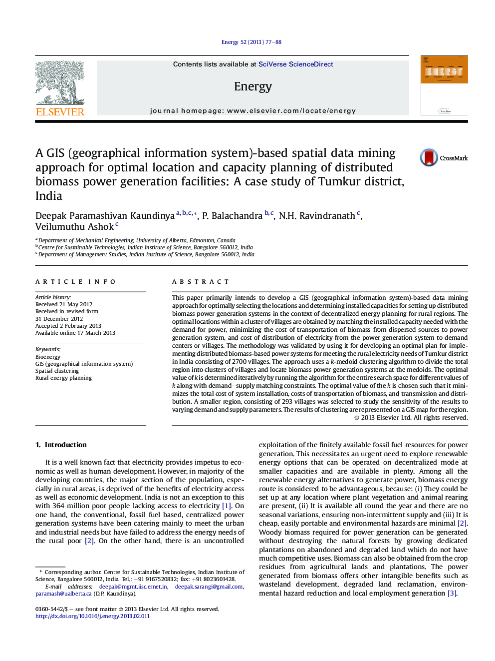 A GIS (geographical information system)-based spatial data mining approach for optimal location and capacity planning of distributed biomass power generation facilities: A case study of Tumkur district, India