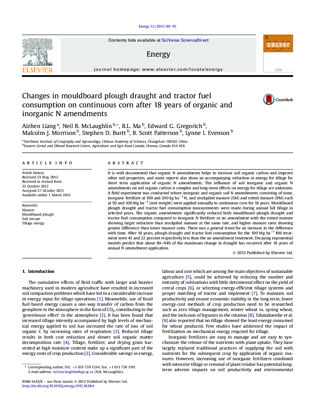 Changes in mouldboard plough draught and tractor fuel consumption on continuous corn after 18 years of organic and inorganic N amendments