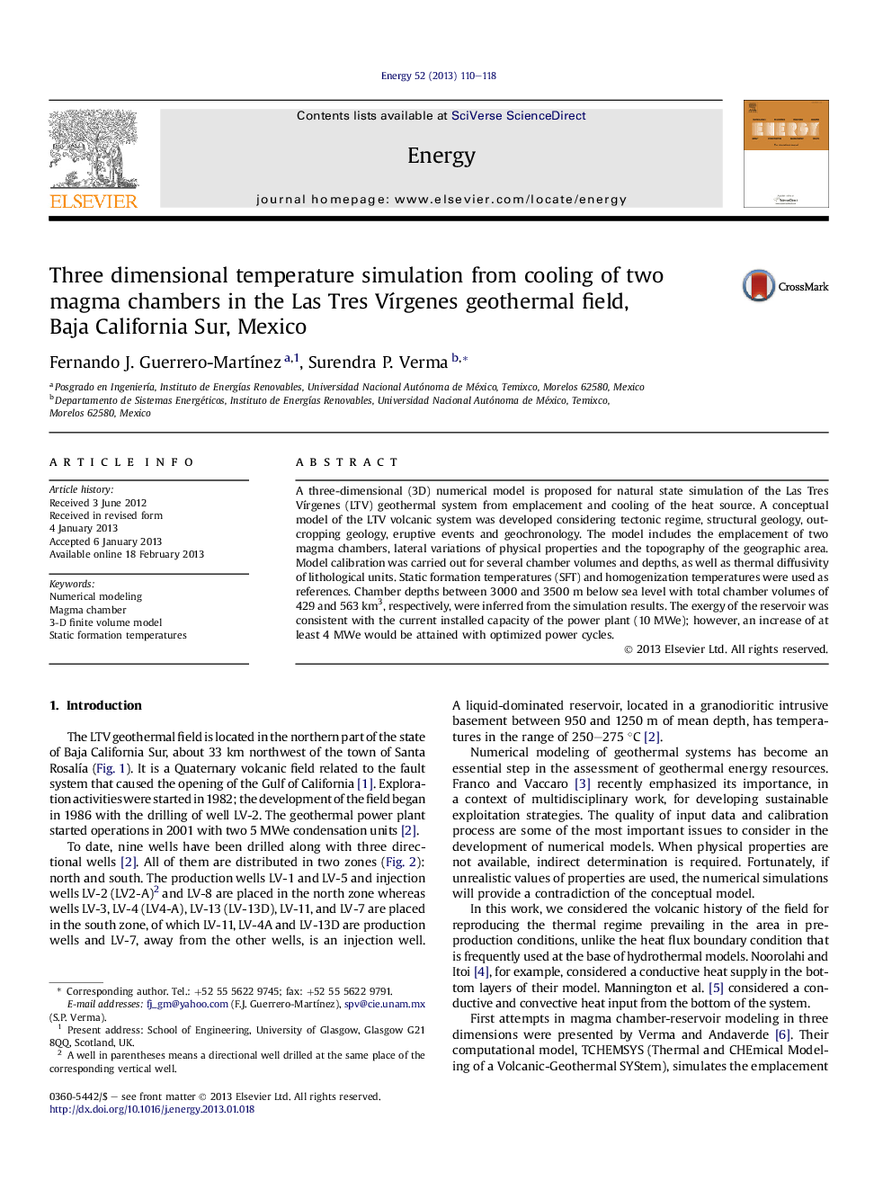 Three dimensional temperature simulation from cooling of two magma chambers in the Las Tres Vírgenes geothermal field, Baja California Sur, Mexico