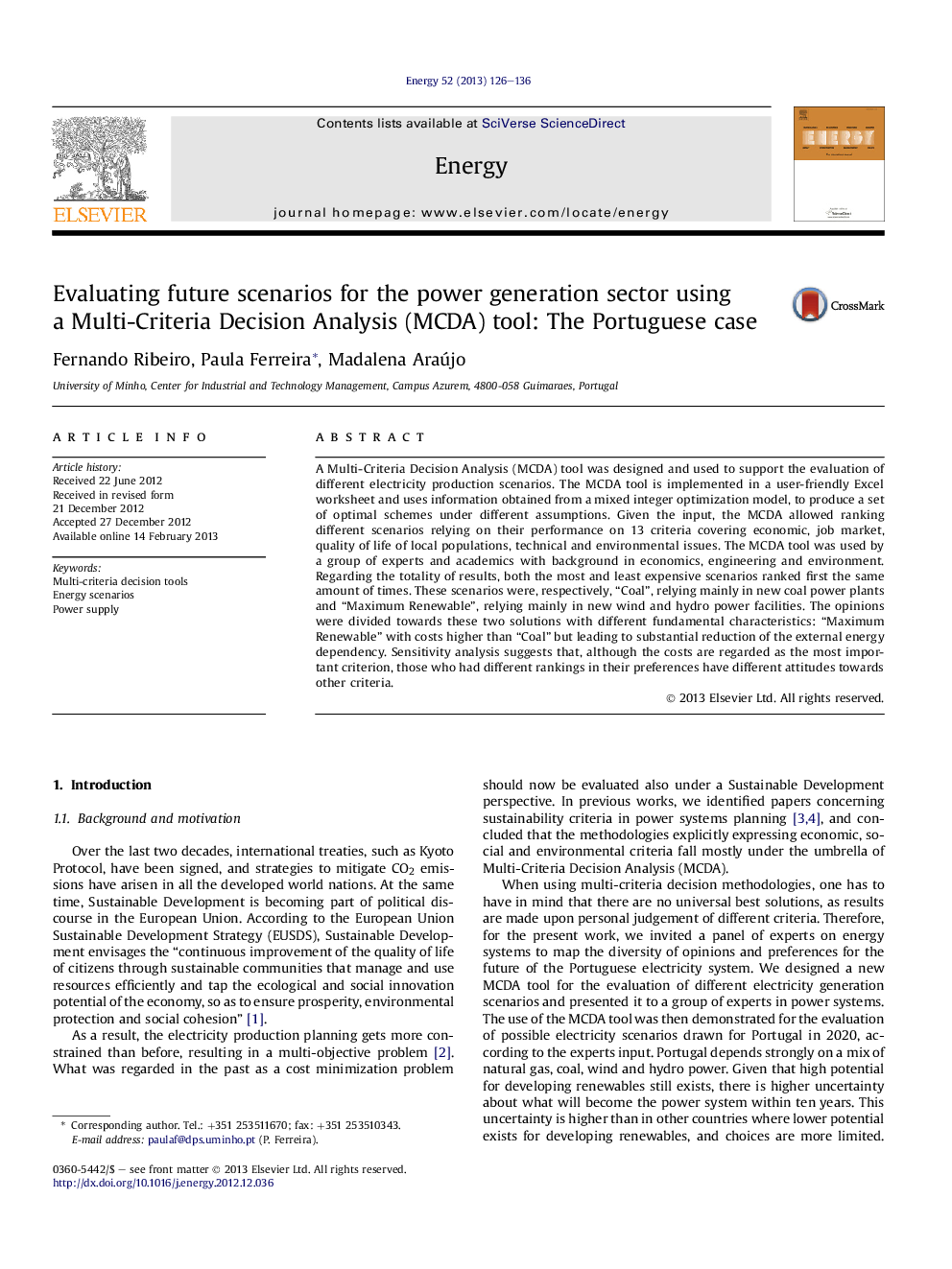 Evaluating future scenarios for the power generation sector using a Multi-Criteria Decision Analysis (MCDA) tool: The Portuguese case