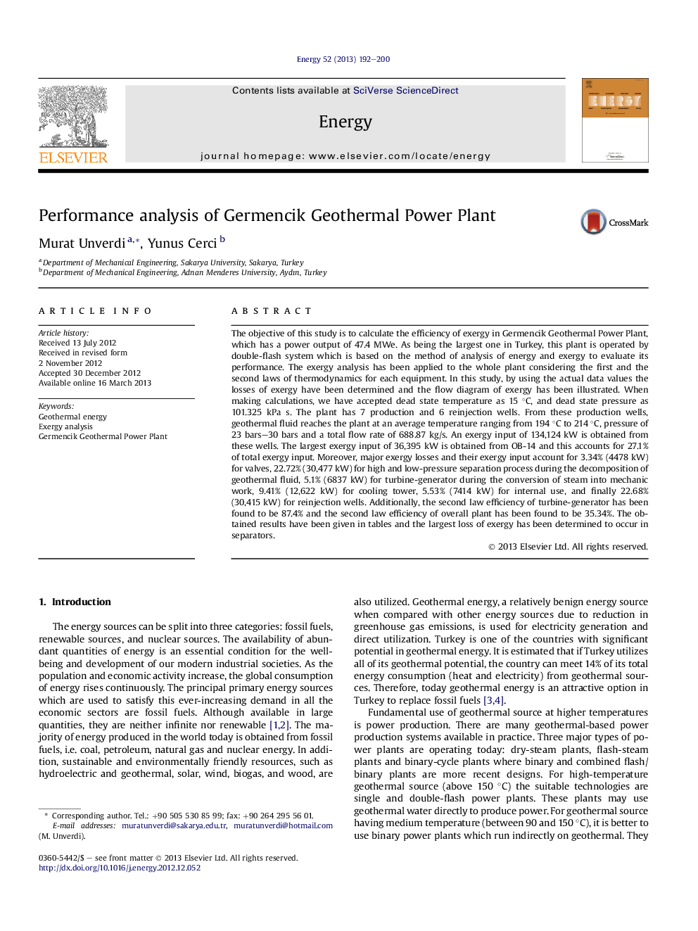 Performance analysis of Germencik Geothermal Power Plant