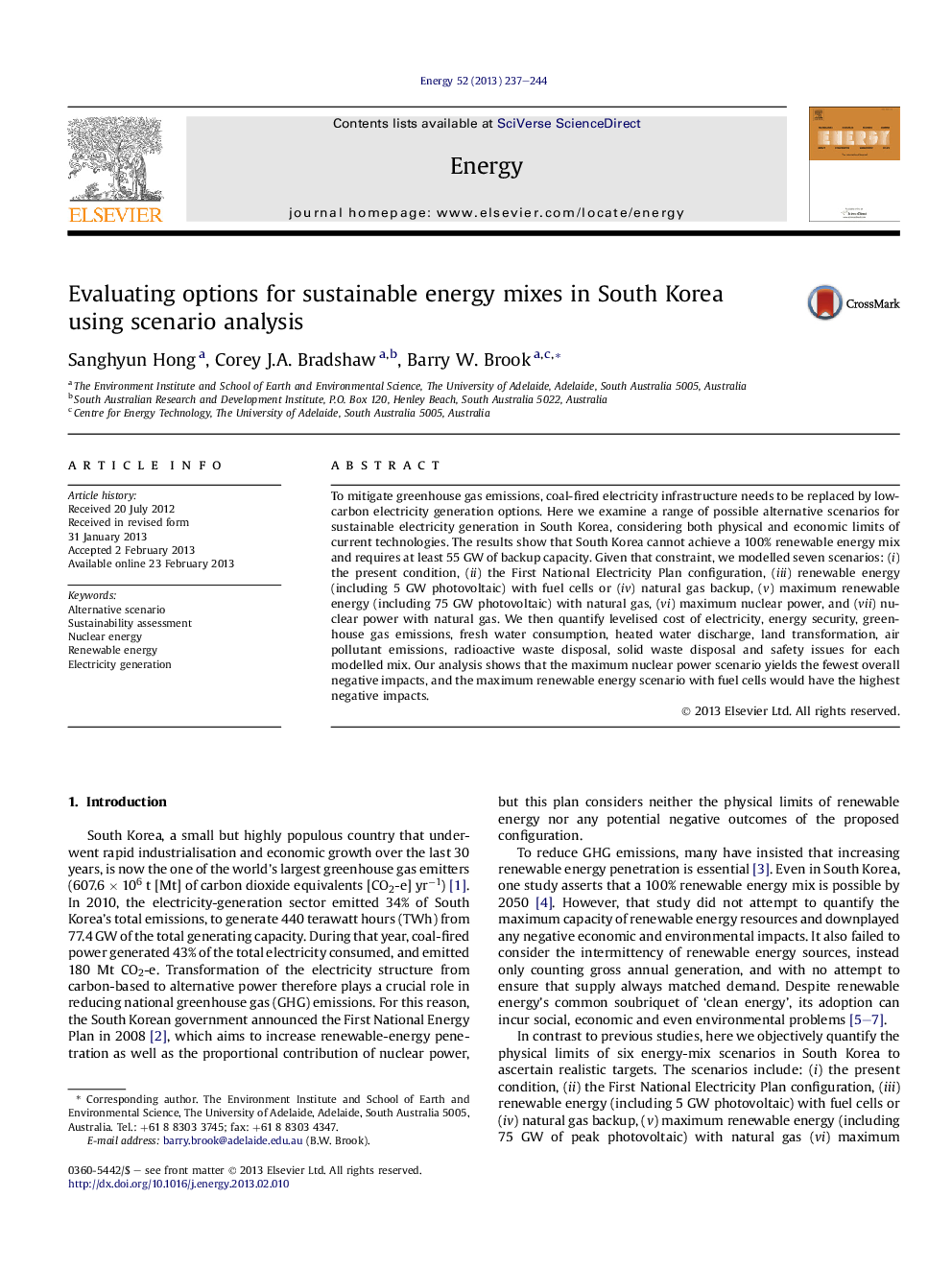 Evaluating options for sustainable energy mixes in South Korea using scenario analysis